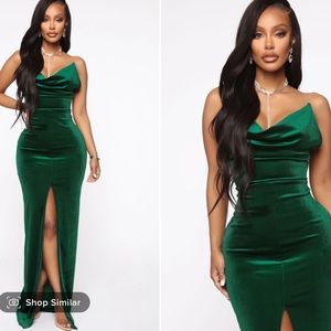 Hunter green velvet maxi dress with slit